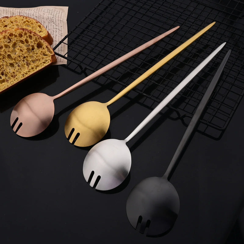 Juego de cubiertos para ensalada de 2 piezas, set de cubiertos dorados, cucharas, tenedores, mango largo, tenedor grande, juego de utensilios de acero inoxidable para servir.