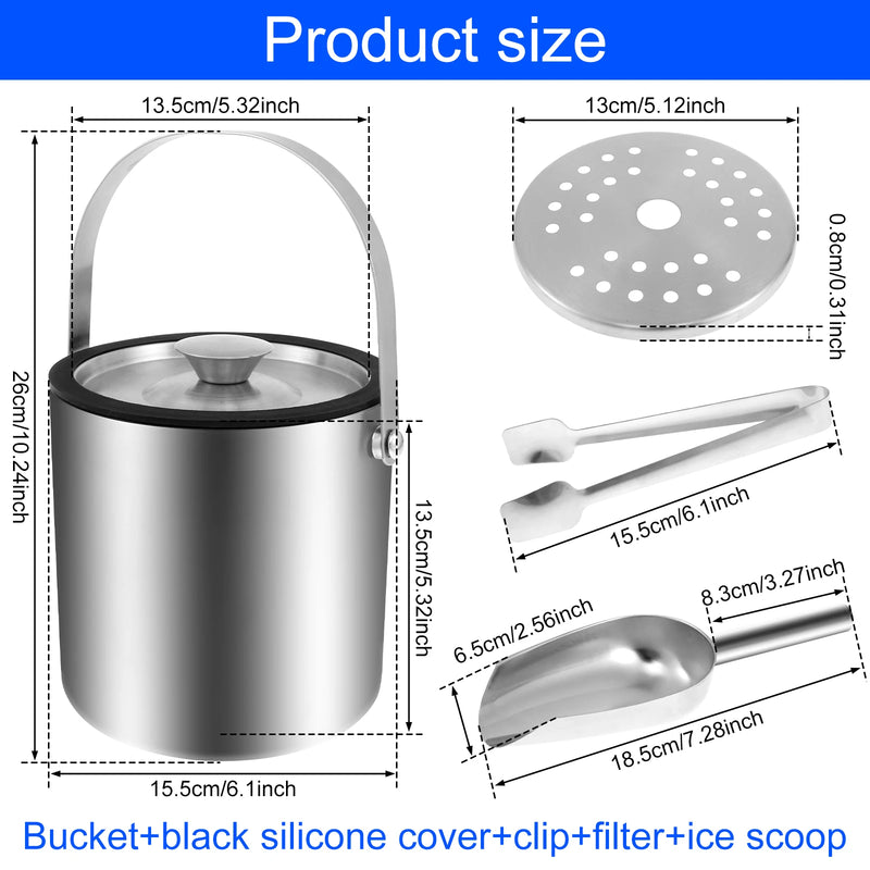 Cubo de hielo de 2L con asa, cubitera de doble pared aislada, recipiente de acero inoxidable para cubitos de hielo para fiestas en bares de cócteles