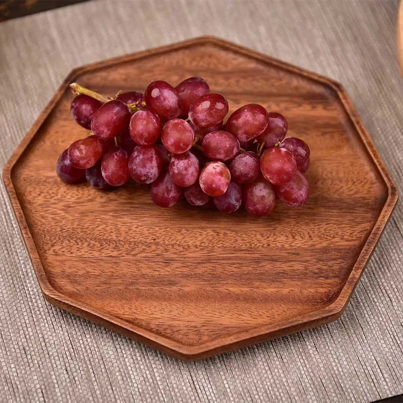 Bandejas de servir de madera de acacia natural, platos de madera octogonales y rectangulares para comida, café, postres, decoración y organizador de cocina