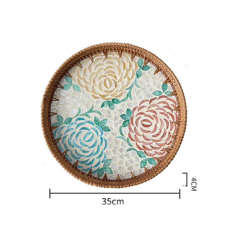 Bandeja redonda de ratán hecha a mano, conchas coloridas, bandeja de almacenamiento, invitados en casa, comedor, decoración de mesa, decoración del hogar