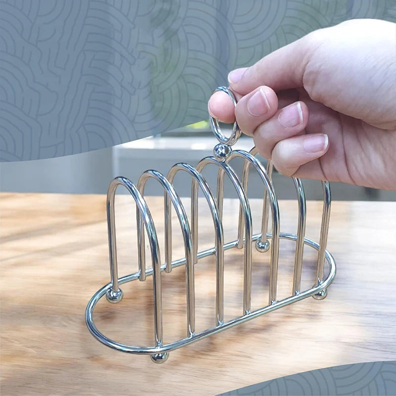 Rejilla para tostadas de acero inoxidable, soporte para 6 rebanadas de pan con asa, organizador de tostadas y soporte para servir.