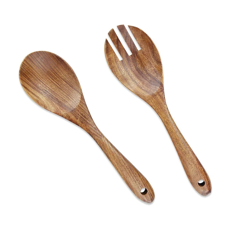 Juego de 2 piezas de cubiertos de madera para ensalada, cuchara y tenedor, kit de cuchara y tenedor para ensalada, utensilios de cocina con mango largo para servir ensalada