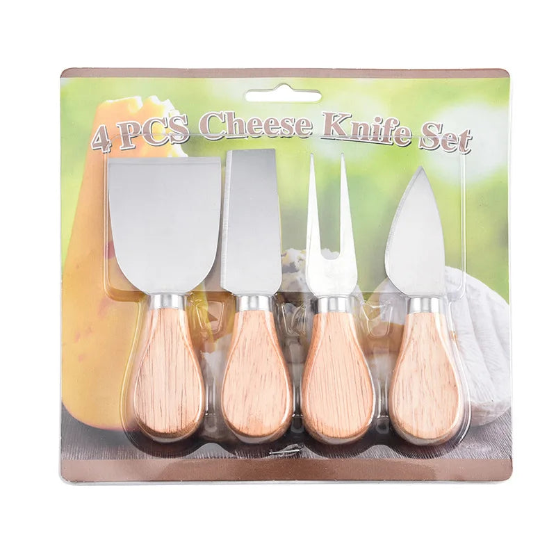 Juego de 4 cuchillos para queso de acero inoxidable con mango de madera, cortador de queso y mantequilla, espátula para mermelada y crema, cuchillo para pizza, juego de utensilios de cocina