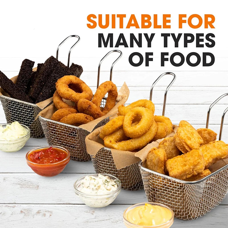 4 cestas de freír cuadradas mini de acero inoxidable, cestas para servir alimentos fritos con mango para aros de cebolla y aperitivos