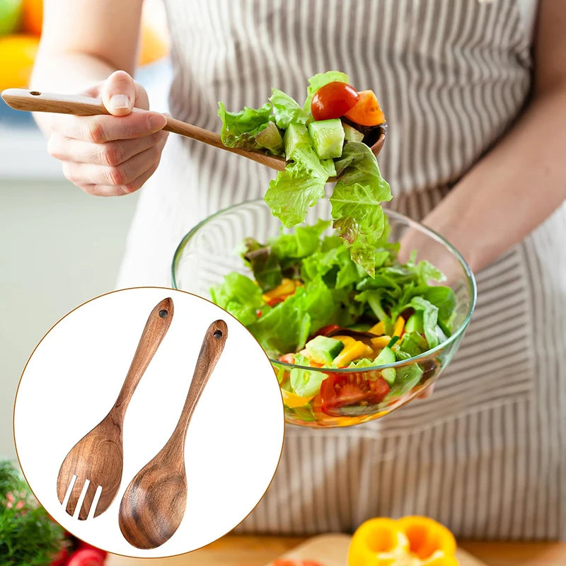 Juego de 2 piezas de cubiertos de madera para ensalada, cuchara y tenedor, kit de cuchara y tenedor para ensalada, utensilios de cocina con mango largo para servir ensalada