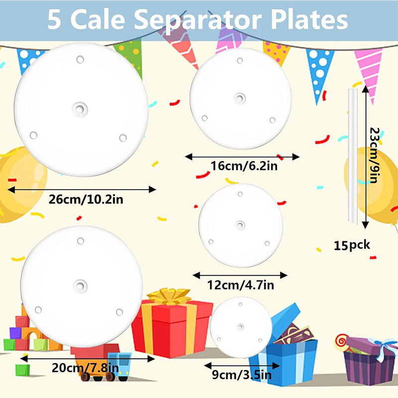 5 piezas de platos separadores de pasteles, bases para pasteles y 15 piezas de varillas de soporte de plástico para pasteles, reutilizables para pasteles de varios niveles para fiestas