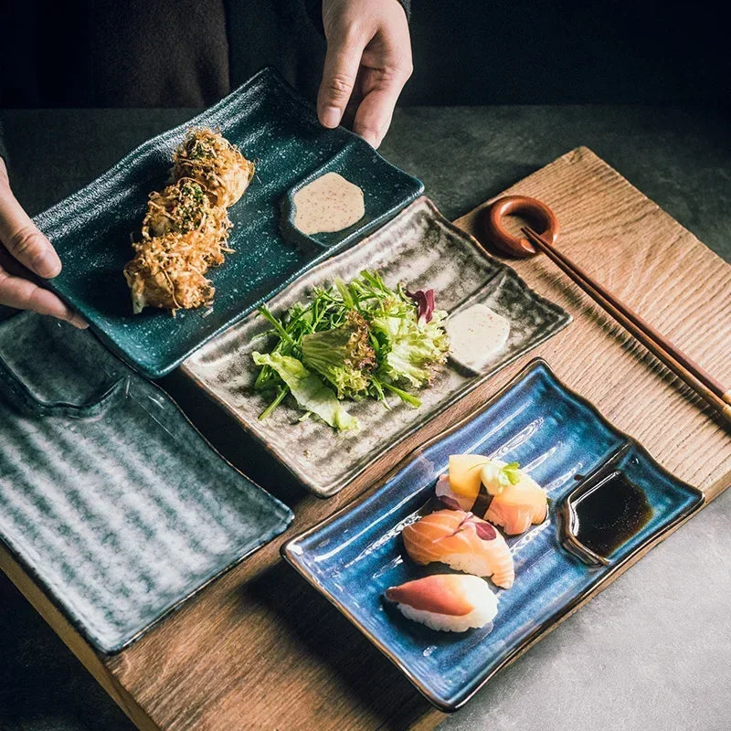 Plato de cerámica japonés para dumplings con recipiente para salsa, plato creativo para sushi en casa