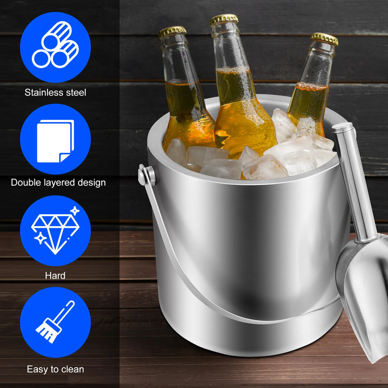 Cubo de hielo de 2L con asa, cubitera de doble pared aislada, recipiente de acero inoxidable para cubitos de hielo para fiestas en bares de cócteles