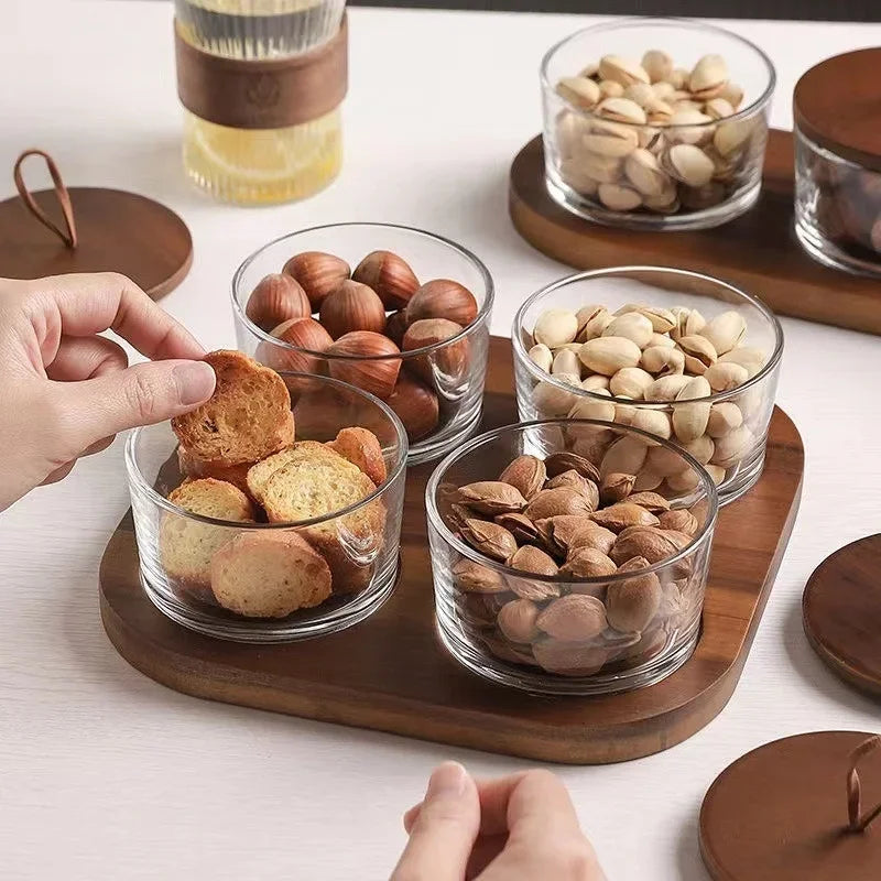 Plato de cristal para frutos secos, tarro de cristal japonés con tapa de madera, bandeja compartimentada para aperitivos, bandeja de aperitivos para el hogar
