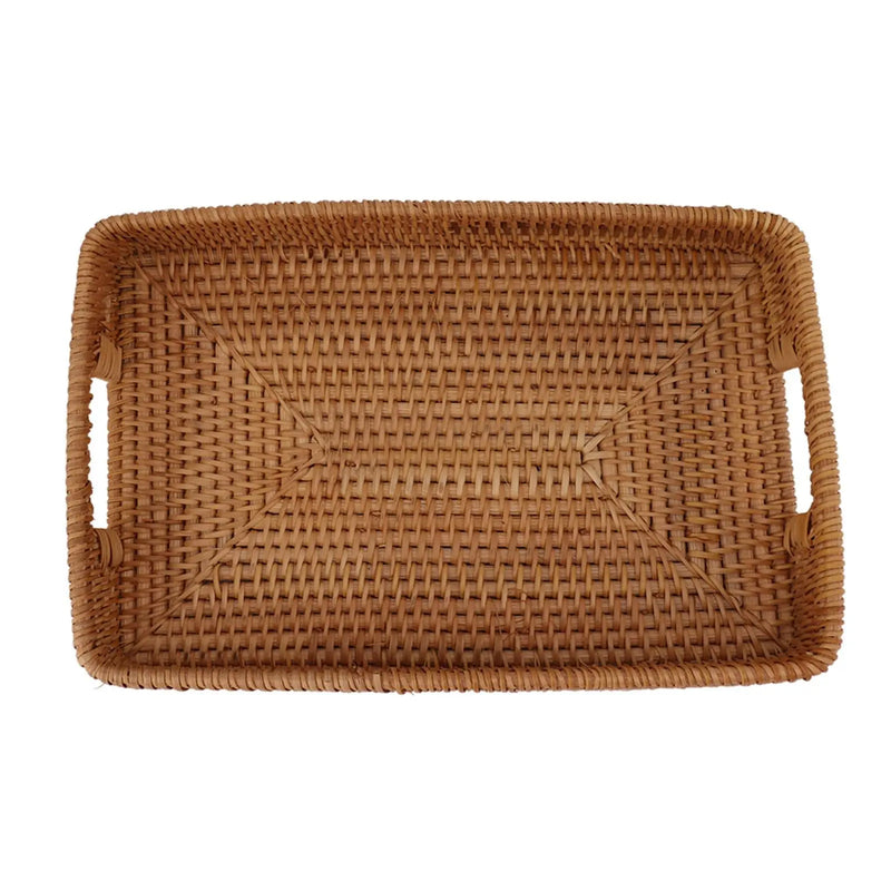 Bandeja de servicio con asas, cesta de ratán rectangular de gran capacidad, duradera y decorativa para frutas, postres, cocina y hogar