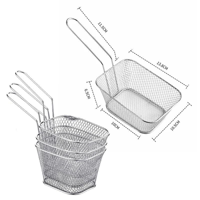 4 cestas de freír cuadradas mini de acero inoxidable, cestas para servir alimentos fritos con mango para aros de cebolla y aperitivos