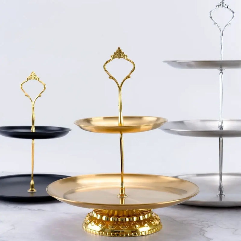 Soporte de acero inoxidable para pasteles de restaurante, expositor de postres desmontable, plato de frutas dorado y plateado, bandeja para aperitivos y dulces