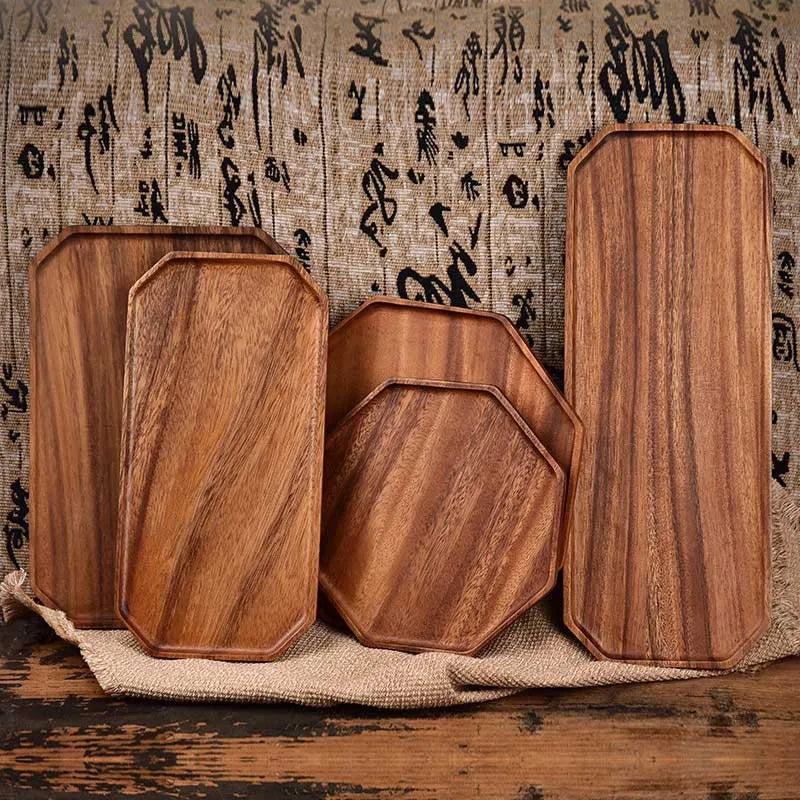 Bandejas de servir de madera de acacia natural, platos de madera octogonales y rectangulares para comida, café, postres, decoración y organizador de cocina