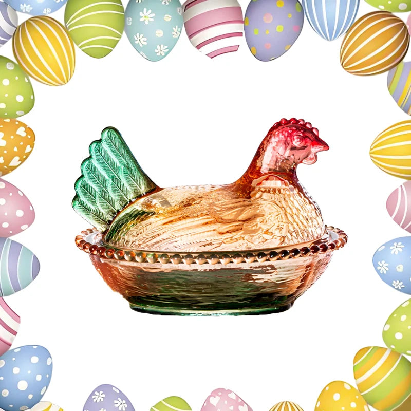 Plato de cristal, azucarero de cristal con tapa en forma de gallina, frutero, plato para postres y aperitivos, cuenco retro.