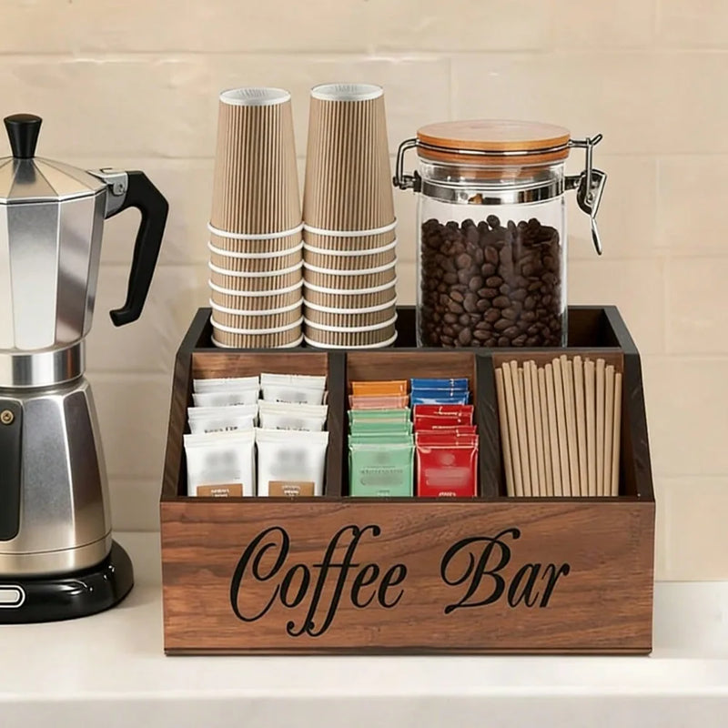 Organizador de café de madera con 5 compartimentos, caja de almacenamiento rústica para encimera para cápsulas de café, tazas y cucharas, decoración de cocina