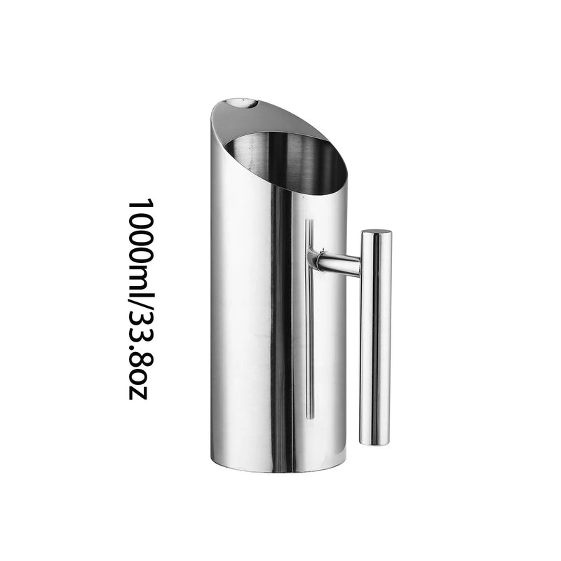 Jarra de agua de acero inoxidable con protector contra salpicaduras, jarra de metal moderna de grado alimenticio para bebidas frías/calientes, mango con aislamiento térmico