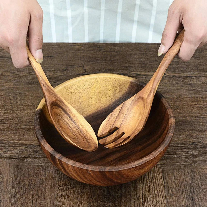 Juego de 2 piezas de cubiertos de madera para ensalada, cuchara y tenedor, kit de cuchara y tenedor para ensalada, utensilios de cocina con mango largo para servir ensalada