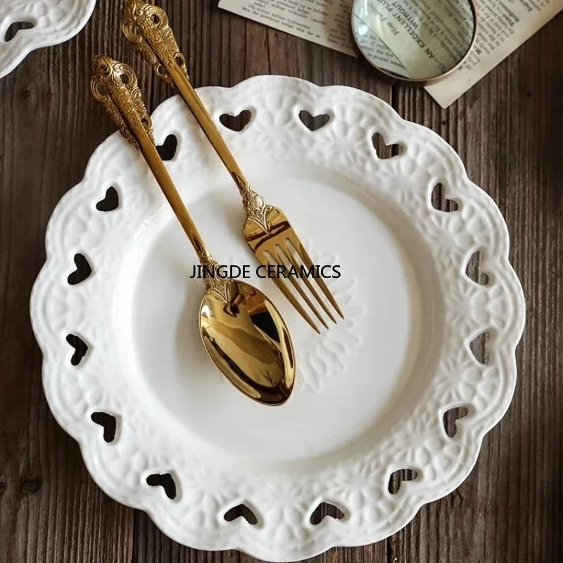 Plato de postre con forma de corazón de estilo europeo, plato para dim sum, plato para carne de estilo occidental, vajilla de cerámica para el hogar, artículos de cocina