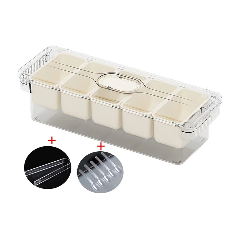 Organizador de condimentos refrigerado con 5 recipientes, servidor de frutas con tapas, bandeja para servir con compartimentos extraíbles