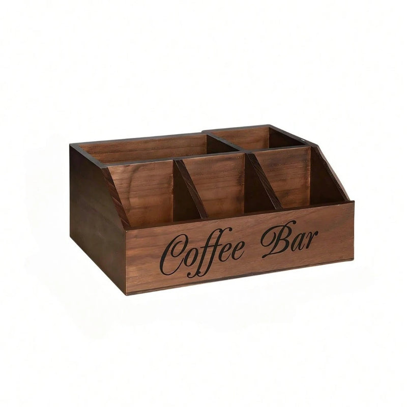 Organizador de café de madera con 5 compartimentos, caja de almacenamiento rústica para encimera para cápsulas de café, tazas y cucharas, decoración de cocina