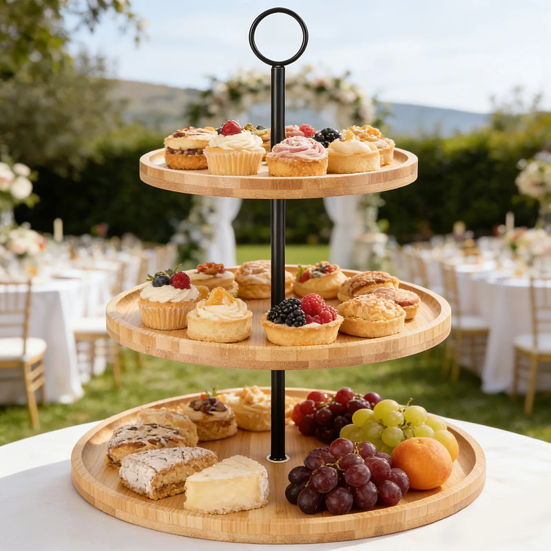 Présentoir Gâteau Bambou 2 Étages Dessert Minimaliste – support service buffet premium