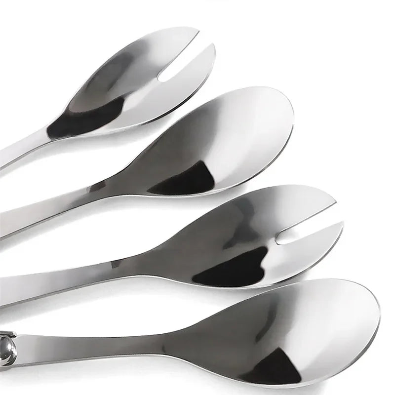 Juego de 2 cucharas para ensalada de acero inoxidable, estilo Laguiole, cubiertos para servir ensalada con mango de plástico efecto madera.