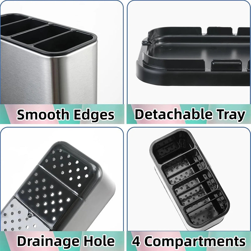 Organizador de cubiertos LMETJMA, escurridor de acero inoxidable para utensilios con 4 compartimentos divididos
