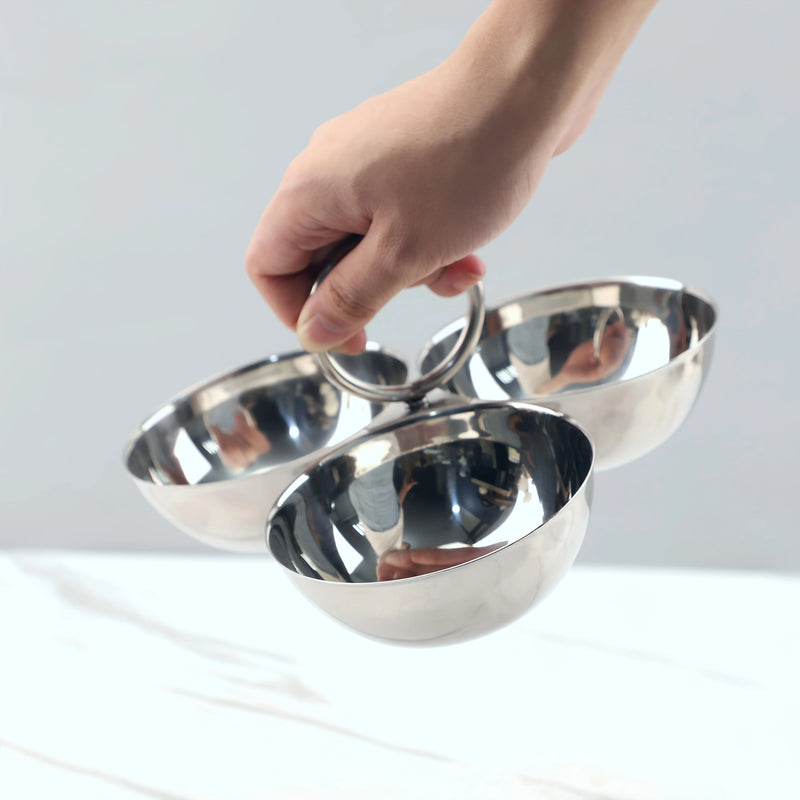 Cuencos para servir de acero inoxidable de 3 compartimentos, platos divididos para aperitivos con acabado pulido espejo, recipientes de comida para fiestas, hogar, cocina y comedor