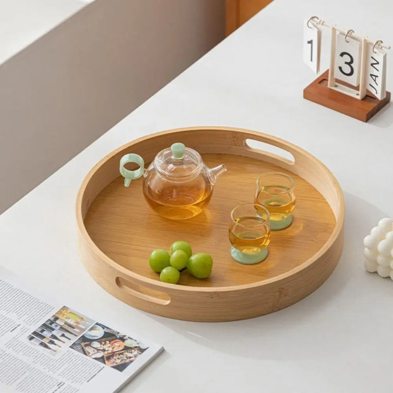 Nueva bandeja redonda de madera con asas para té y comida, 25/30/35/40 cm, bandeja de servicio para desayuno y cena