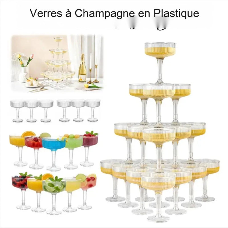 Torre de champán de plástico de 4-6 niveles, copas de acrílico transparente de 7 oz para champán, flautas y martinis para bodas, fiestas y despedidas de soltera