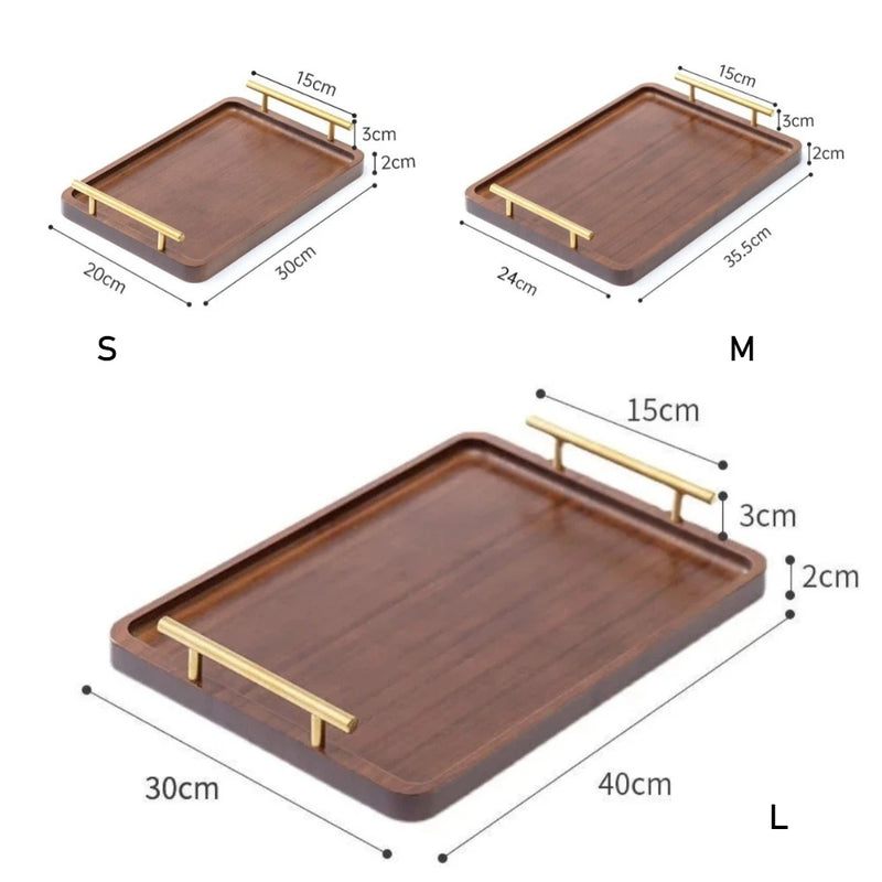 Plateau de Service Bois Poignées Dorées