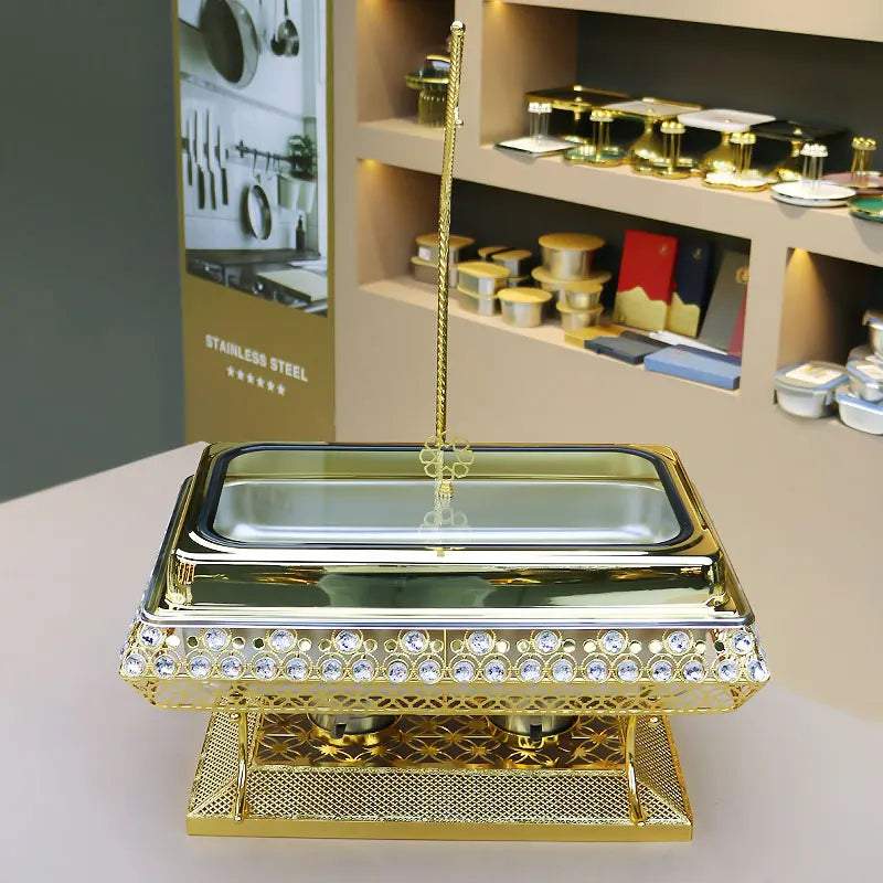 Chauffe-Plat Luxe Doré 9 L Strass Couvercle Suspendu