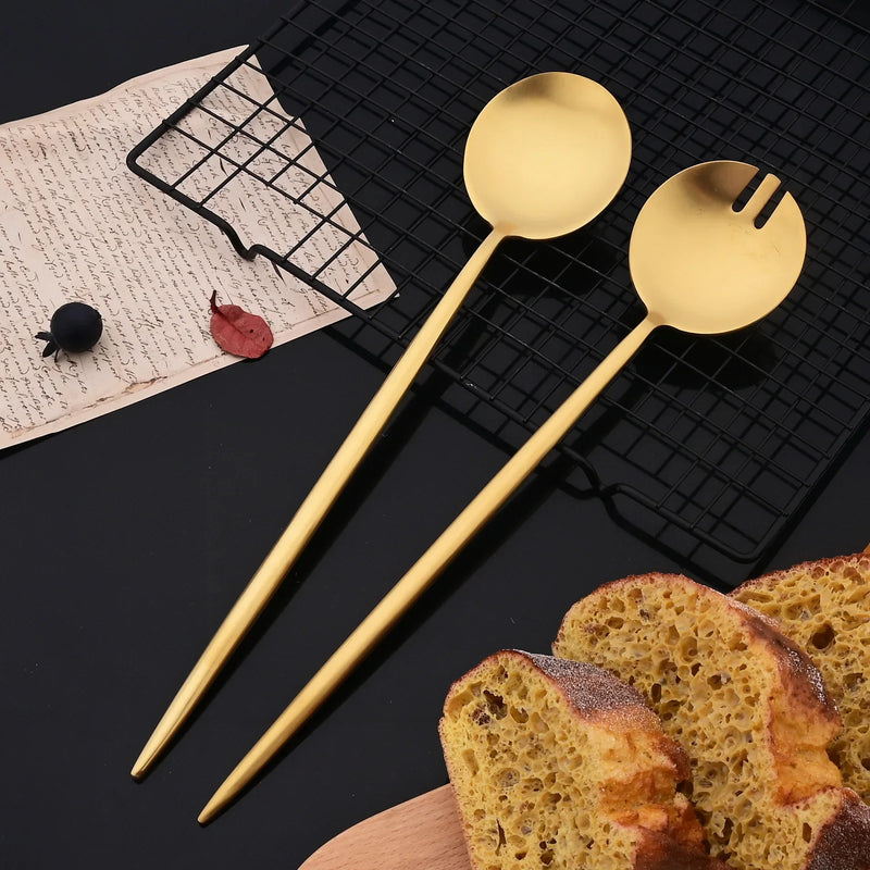 Juego de cubiertos para ensalada de 2 piezas, set de cubiertos dorados, cucharas, tenedores, mango largo, tenedor grande, juego de utensilios de acero inoxidable para servir.