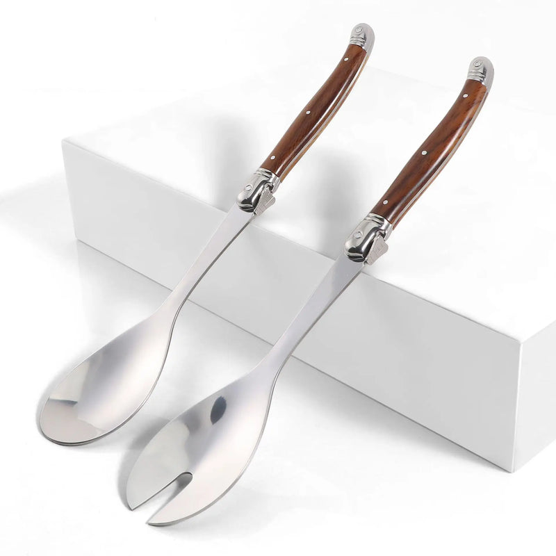 Juego de 2 cucharas para ensalada de acero inoxidable, estilo Laguiole, cubiertos para servir ensalada con mango de plástico efecto madera.