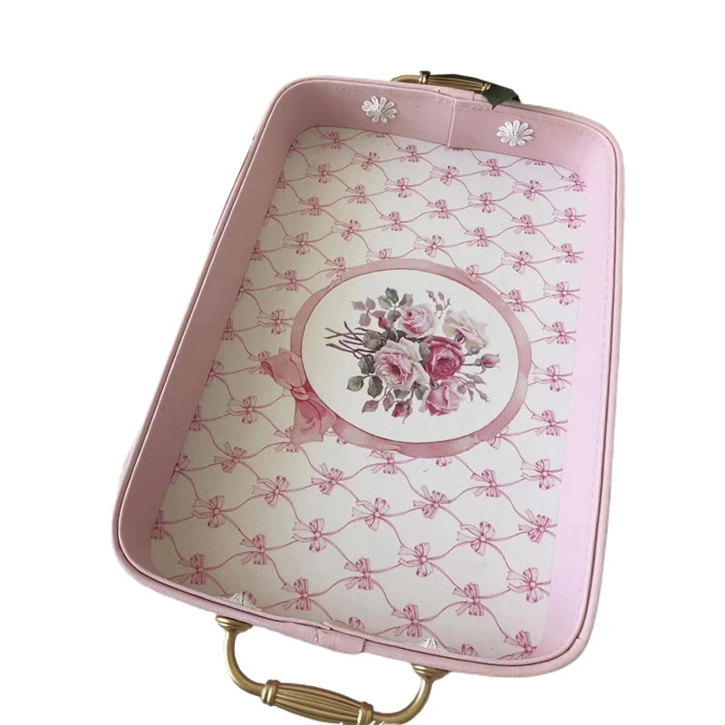 Bandeja de almacenamiento de cuero vintage con asas de metal dorado, estilo europeo exquisito, bandeja decorativa rosa, plato rectangular para pasteles, accesorios para fotografía.