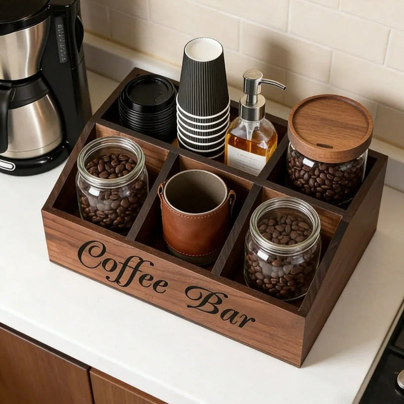 Organizador de café de madera con 5 compartimentos, caja de almacenamiento rústica para encimera para cápsulas de café, tazas y cucharas, decoración de cocina