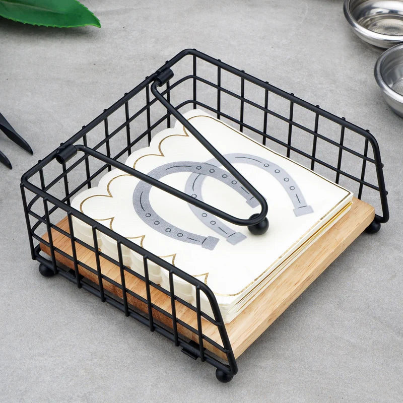 Porte-Serviettes Métal Noir Base Bois