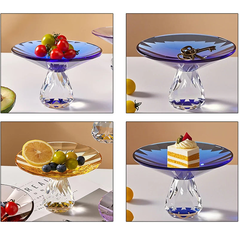 Plato de fruta de cristal transparente, bandeja con pedestal de lujo ligero para aperitivos y postres, bandeja de almacenamiento para entrada, plato decorativo para el hogar
