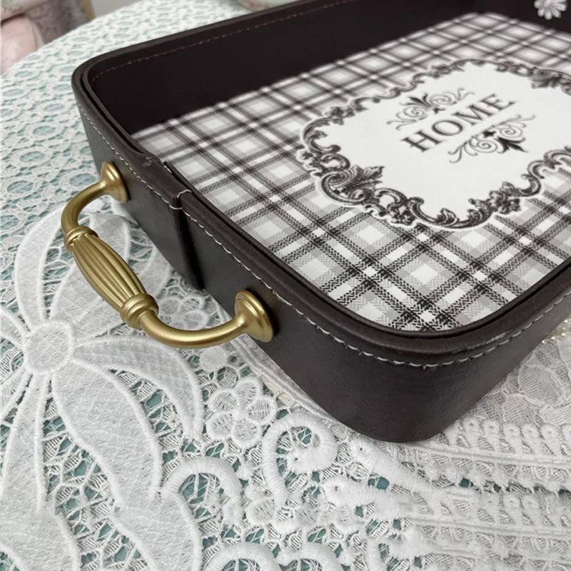 Bandeja de almacenamiento de cuero vintage con asas de metal dorado, estilo europeo exquisito, bandeja decorativa rosa, plato rectangular para pasteles, accesorios para fotografía.