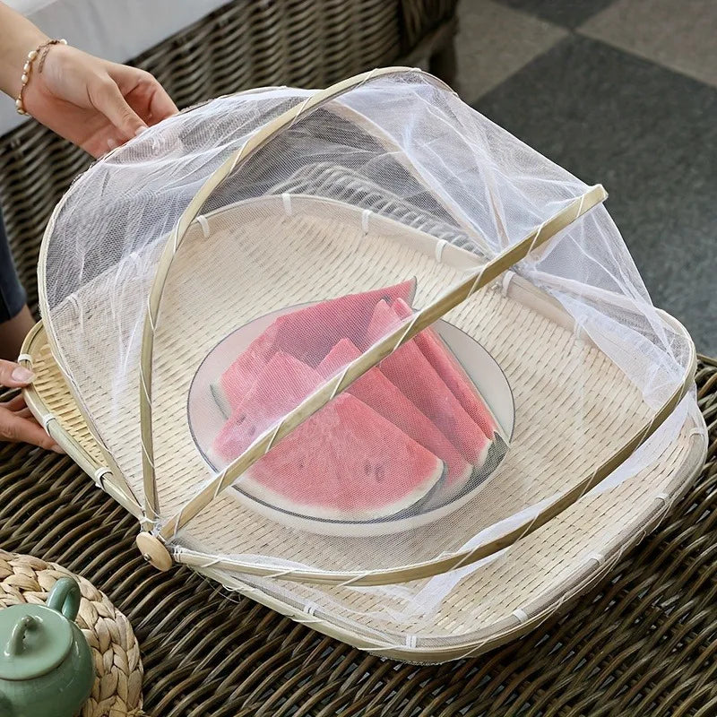 Cesta de servicio de bambú tejida a mano con cubierta de malla: tienda de campaña redonda para picnic para un almacenamiento libre de polvo, perfecta para picnics en interiores y exteriores