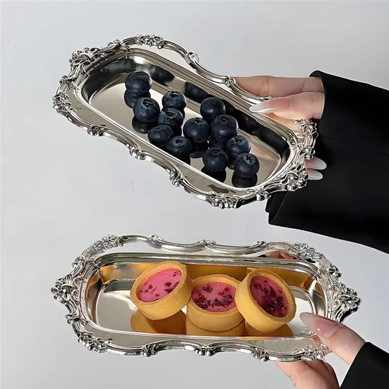 A95I-Bandeja de servir vintage de acero inoxidable repujado para postres, almacenamiento de joyas, plato de aperitivos para decoración de mesa de comedor
