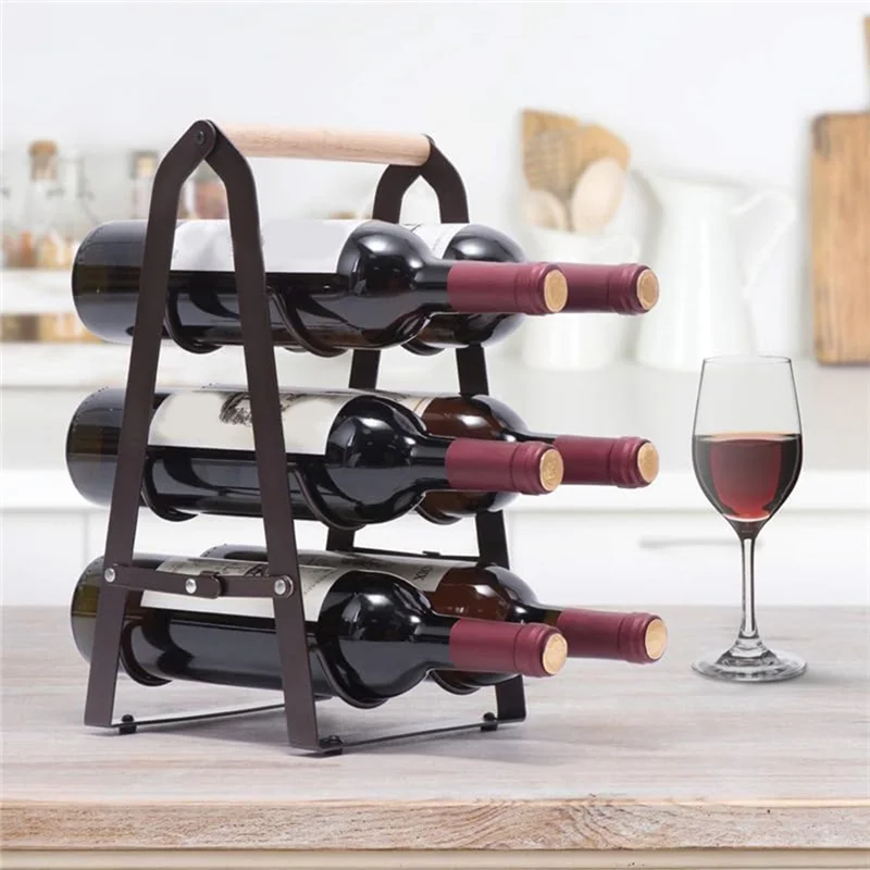 FLYY-Botellero, estante de madera independiente para 6 botellas, soporte de 3 niveles para mesa de bar en casa, cocina