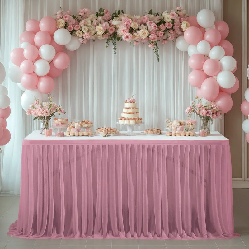 Falda de mesa de tul para mesa rectangular de 14 pies, falda de mesa con volantes semitransparente para decoración de manteles en banquetes, fiestas y bodas