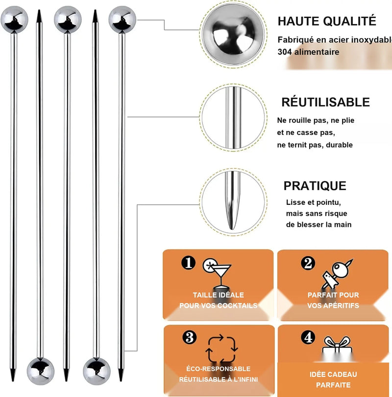 12 piezas de púas de cóctel de acero inoxidable, herramientas de bar, palitos para remover bebidas, decoración de bebidas, palitos de fruta reutilizables, púas de cóctel