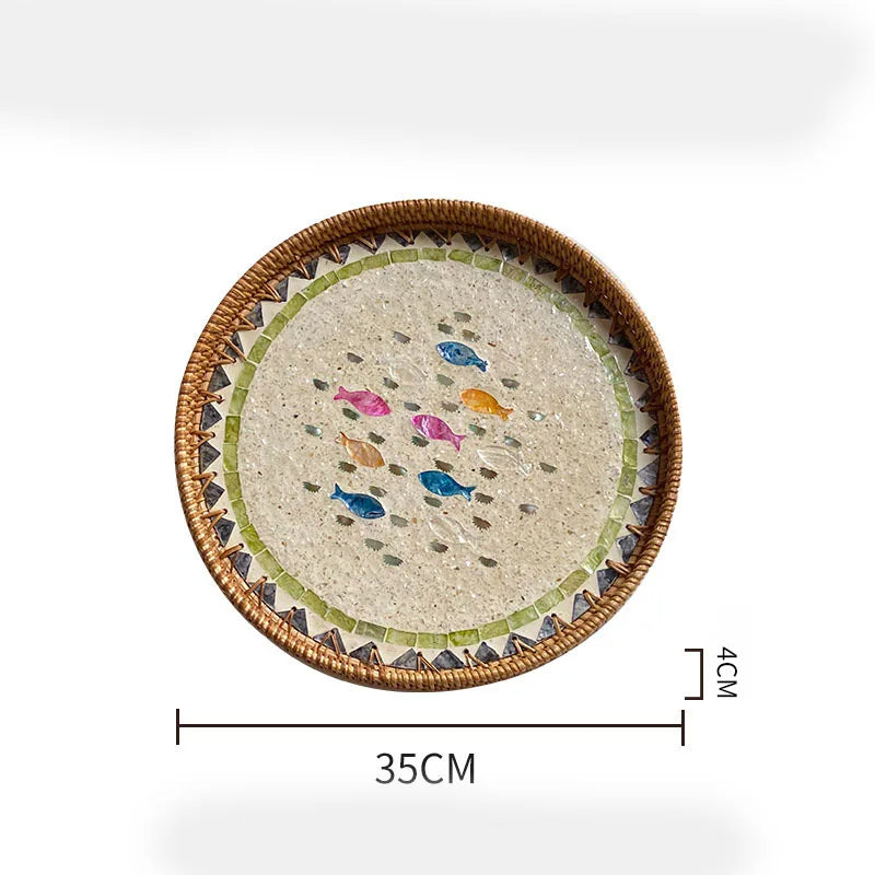 Bandeja redonda de ratán hecha a mano, conchas coloridas, bandeja de almacenamiento, invitados en casa, comedor, decoración de mesa, decoración del hogar