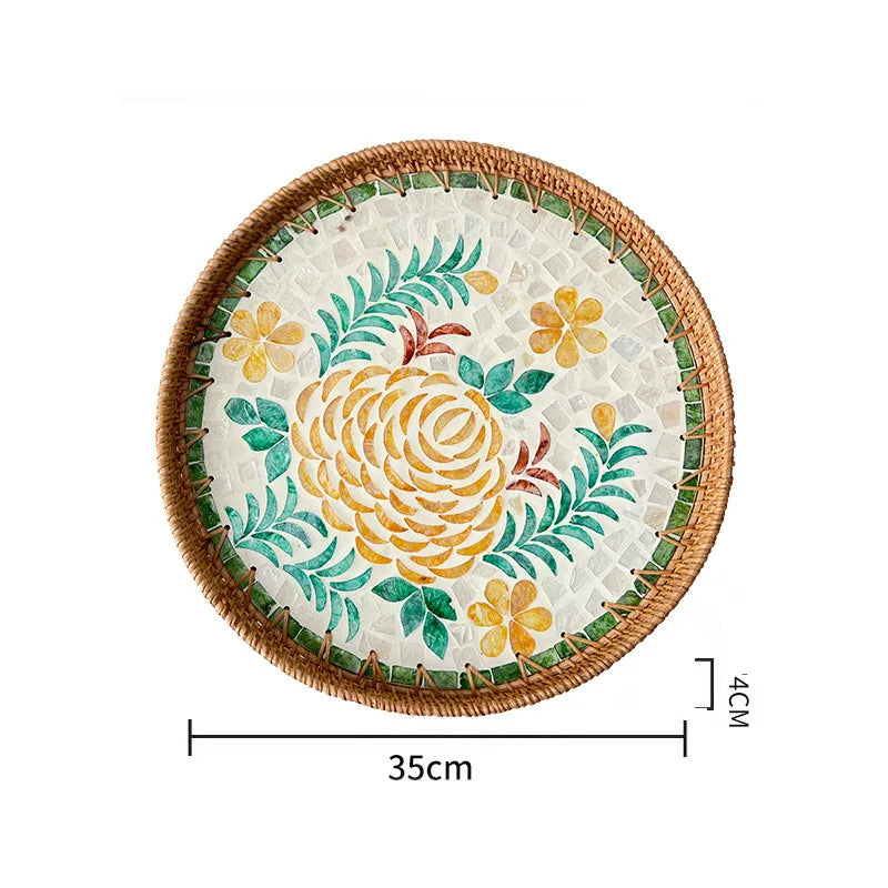 Bandeja redonda de ratán hecha a mano, conchas coloridas, bandeja de almacenamiento, invitados en casa, comedor, decoración de mesa, decoración del hogar