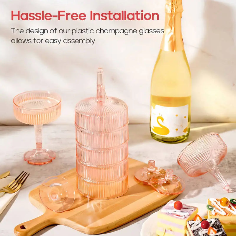Torre de champán de plástico de 4-6 niveles, copas de acrílico transparente de 7 oz para champán, flautas y martinis para bodas, fiestas y despedidas de soltera