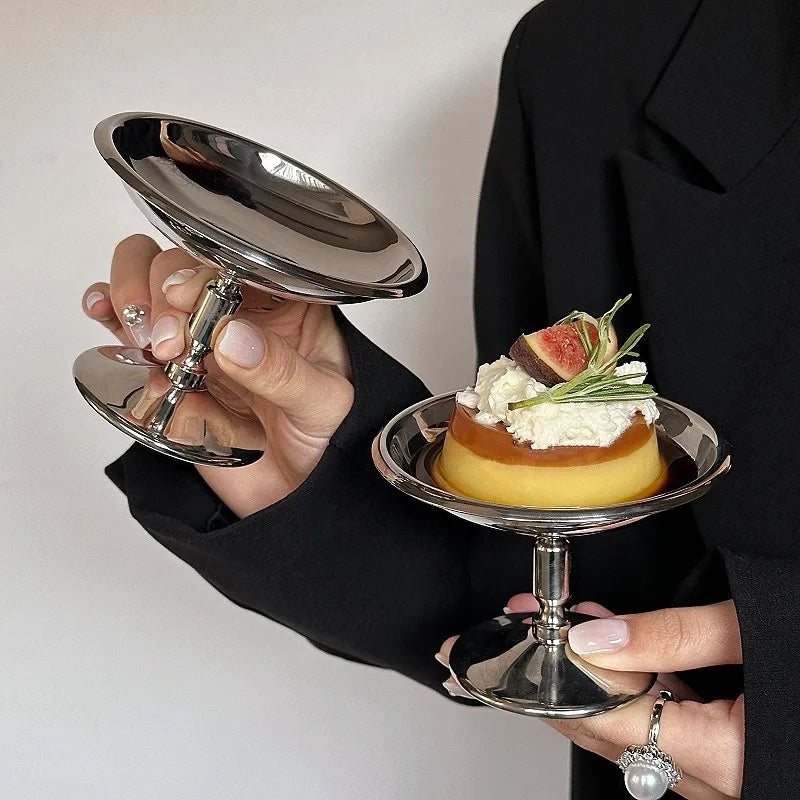 Plato de postre de acero inoxidable, bandeja para pasteles, taza de helado, taza alta, plato para té, bocadillos, pudín, frutas, platos bonitos, decoración de mesa