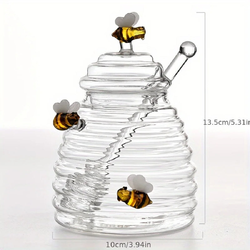 Tarro de miel de cristal con cucharón y tapa, tarro de miel decorativo con diseño de abeja, recipiente de cristal transparente de 14 oz para cocina