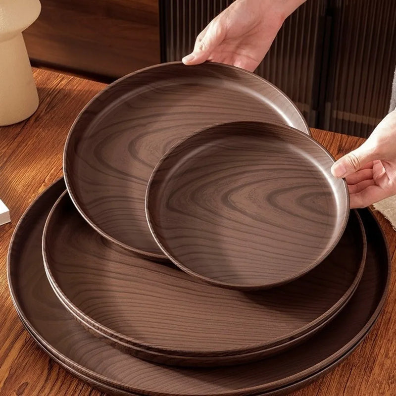 Bandeja de imitación de madera, nueva, de 20/26/32/38 cm, hecha a mano, forma redonda, bandeja de servir de imitación de madera, bandeja de plástico para comida, para servir el desayuno